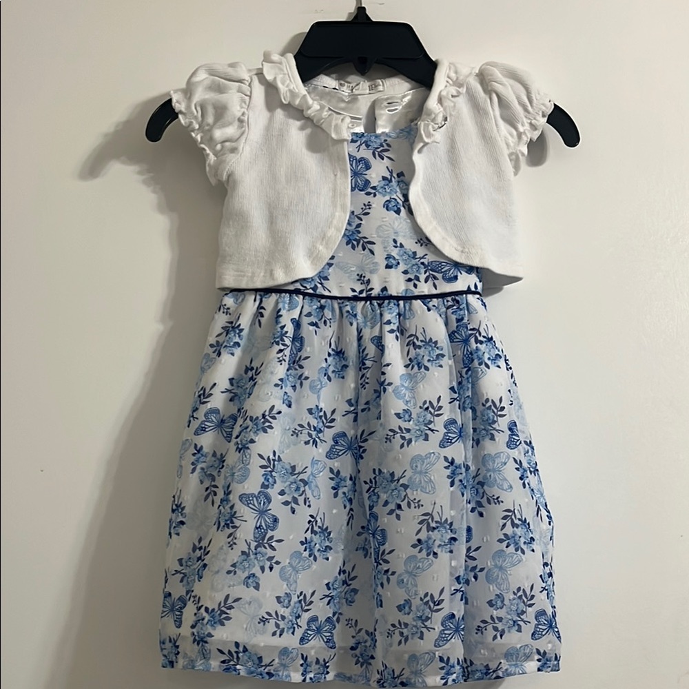 NANNETTE White and Blue Floral Dress with short sleeve cardigan sweater Size 2T